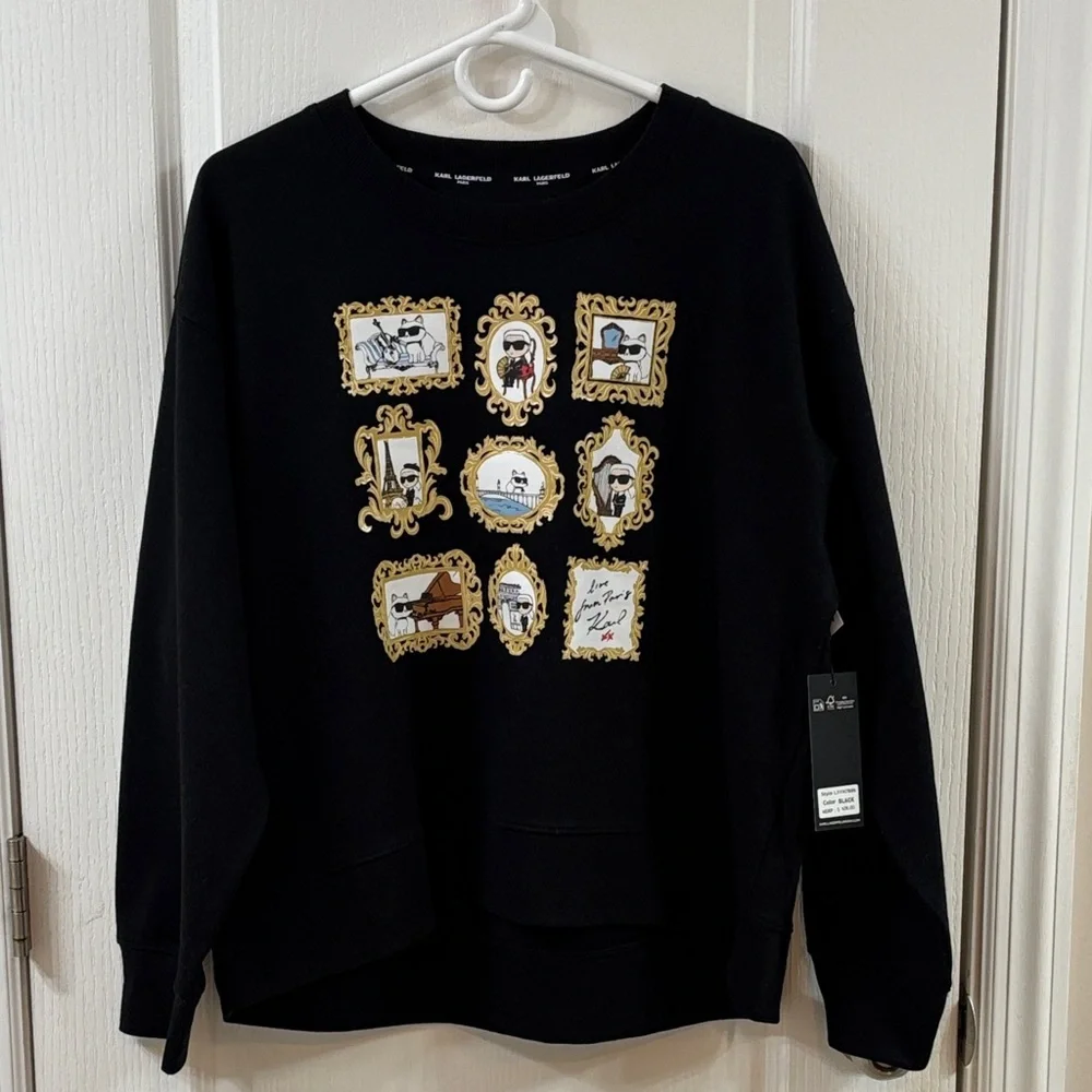NWT Karl Lagerfeld Paris Long Sleeve Black Top Sweatshirt - Picture 3 of 8